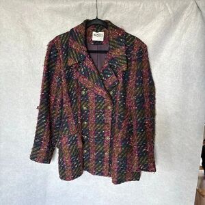 Vintage 1980s Wallis Multicolor Wool Blend Double Breasted Tweed Blazer Jacket